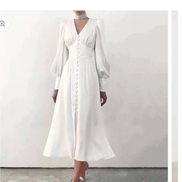 Spring Women White  Dress V-neck Lantern Sleeve Dress Slim Solid Dress Mid-nwot - Picture 1 of 15